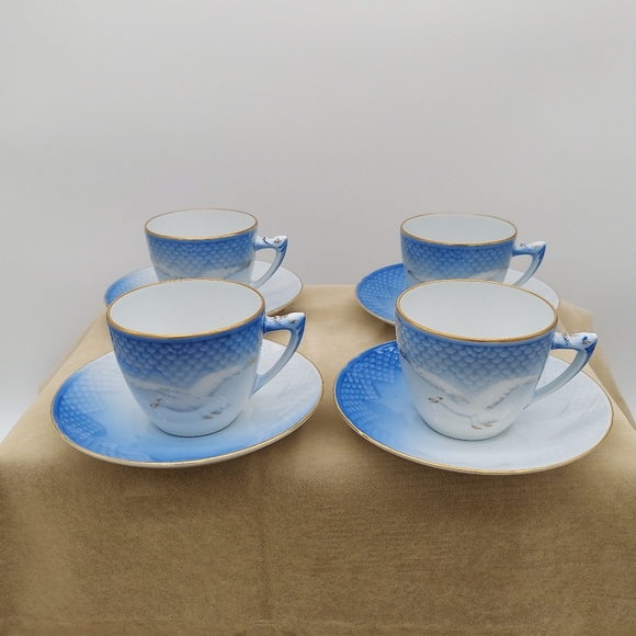 Set Of 4 Saucers And Tea Cups Seagulls B & G Copenhagen